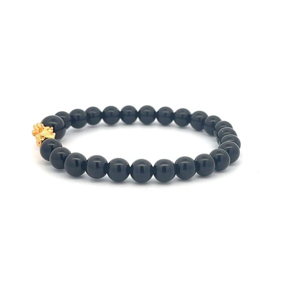 18K Gold Pixiu Piyao Bracelet Gemstones Onyx 6mm Elastic Bracelet Letter L - Picture 4 of 5